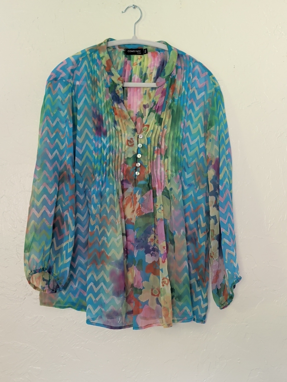 Floral Chevron Sheer Blouse in Blue Multi